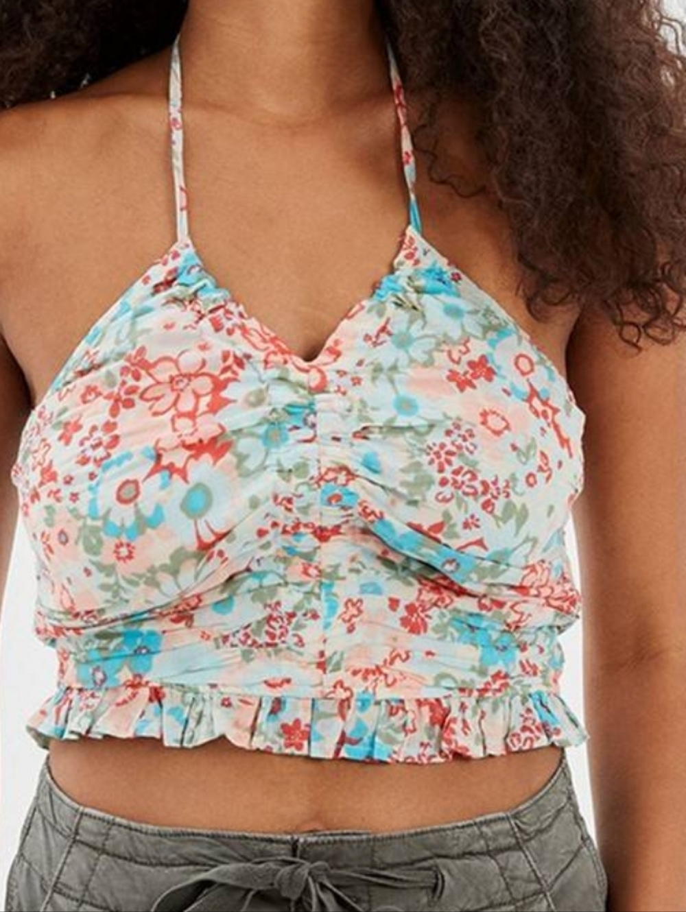American Eagle Cinched Floral Halter Crop Top EUC Size: XL